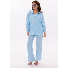 La Pante Beli Lastikli , Bağcıkl,ön Cepli Düşük Omuzlu Keten Görünümlü Gömlek Pantolon Takım