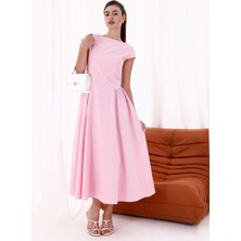 La Pante Kadın Elbise Sırtı Açık Bel Büzgülü Uzun Elbise Pembe A Kesim Kısa Kollu