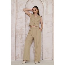 La Pante Gold Tokalı Palazzo Bej Kadın Pantolon