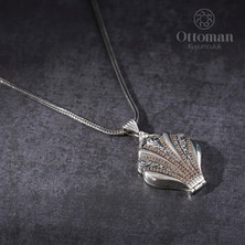 Design Ottoman Kuyumculuk Midye Taşlı Kapaklı Gri Gümüş Kadın Kolye