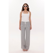 La Pante Kadın Kemer Garnili Bağcıklı Yancepli Pantolon Gri Rahat Kalıp Dokuma Kumaş