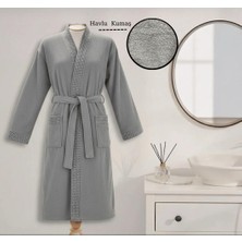 Layvera Erkek-Kadın Bornoz Gri %100 Pamuk Bornoz | Greek Desen-Krem-Cepli