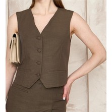 La Pante V Yaka Vücuda Oturan Bej Yelek