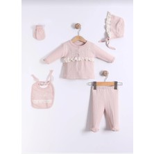 Kr Kids Butik Kız Bebek Dantelli 5’li Hastane Çıkışı Seti – Pamuklu Pudra Bebek Takımı