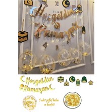 Azebu Ramazan Süsleri 6'lı Tavan Sarkıt Süs, Hoşgeldin Ramazan Altın Yazı ve LED ve 5 Adet Şeffa Balon-