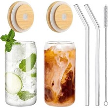 Cam Içecek Bardağı Seti, Bambu Kapaklı, 2 Adet Cam Pipet ve Temizleme Fırçası ile