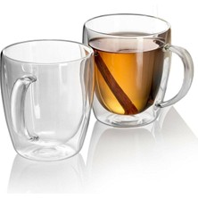 2 Adet Büyük Boy 350 ml Çift Cidarlı Cam Çay Kahve Meşrubat Kupa Çift Camlı Isı Yalıtımlı Kulplu Cam