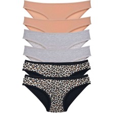 Royaleks 6 Adet Likralı Kadın Slip Külot Leopar Ten Gri