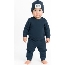 Noveram Bebek 3 Iplik Eşofman Takımı 9-12-18-24 Ay | Hello Baskılı Sweatshirt & Alt Takım & Bere