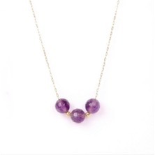 Taşmir Ametist Taşı Üç Top Çelik Zincirli Kolye - 45 cm