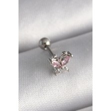 Ayder Timya 316L Çelik Gümüş Renk Pembe Zirkon Taşlı Kelebek Tragus Piercing (Timya/1395) 205432