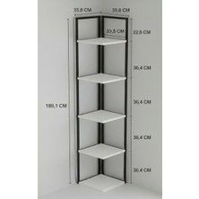 Ayz Ella 5 Raflı Metal Köşe Kitaplık Rafı Dekoratif Aksesuar Rafı 180 cm Siyah-Beyaz