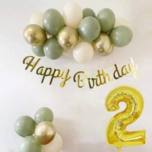 Azebu 2 Yaş Küf Yeşili Deniz Kumu ve Krom Gold Balonlu Konsept Doğum Günü Seti