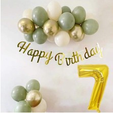Azebu 7 Yaş Küf Yeşili Deniz Kumu ve Krom Gold Balonlu Konsept Doğum Günü Seti