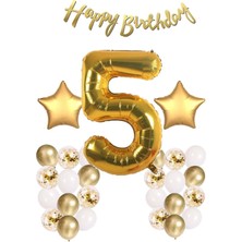 Azebu Gold Konsept 5 Yaş Doğum Günü Kutlama Seti; Beyaz Gold Konfetili Balon, Rakam Yıldız Folyo ve Banner