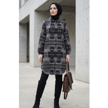 Sefa Merve Desenli Düğmeli Oduncu Kışlık Tunik 2503-05 Gri Açık Kahve