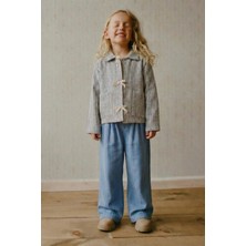 Magu Kız Çocuk Pamuklu Mavi Çizgili Bayramlık Takım - Bağlamalı Cepli Ceket ve Geniş Paça Pantolon