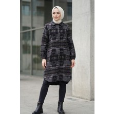 Sefa Merve Desenli Düğmeli Oduncu Kışlık Tunik 2503-02 Antrasit Kahverengi