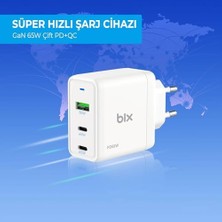 Bix BX3P65G 65W Gan Qualcom 4.0 2*type-C & Usb-A 3 Portlu, MacBook Air, iPad Air, 17/16/15/14/14 Max /13/13 Max, Galaxy S24/S23/S22/S21 Uyumlu BX-3P65G Şarj Cihazı Beyaz