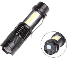 Mini Taktik El | 500 Lümen Zoomlu LED + Yan Cob Işık | 500 Mah USB Şarjlı, 3 Modlu, Gövde | Kompakt, Dayanıklı Kamp ve Acil Işığı