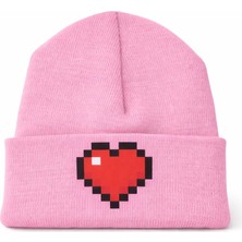 Middles & Niddles Collection Pixel Kalp Baskılı Beyaz Bere – Unisex Teenage Günlük Kışlık Triko Bere