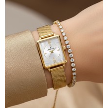 Daniel Klein Altın Sarısı Hasır Çelik Bilezik 23 mm Dikdörtgen Kadın Kol Saati, Taşlı Bileklik Hediyeli