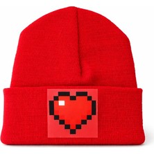Middles & Niddles Collection Pixel Kalp Baskılı Beyaz Bere – Unisex Teenage Günlük Kışlık Triko Bere