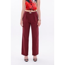 La Pante Kadın Pantolon Geniş Paça Pileli Pantolon Gold Tokalı Palazzo Pantolon Bordo Kadın Pantolon Şık