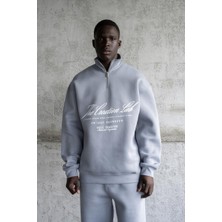 Machinist Erkek Baskılı Nakışlı Yüksek Yaka Sweatshirt Mavi-Duman