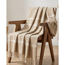 Dinarsu Cozy Life Pamuklu Püsküllü Skoç Tv Battaniyesi Ince Kare Camel 130X 170CM