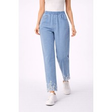 BezeXL Büyük Beden Nakışlı Kot Pantolon Mavi