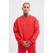 Machinist Erkek Basic Bisiklet Yaka Oversize Sweatshirt Açık Kırmızı