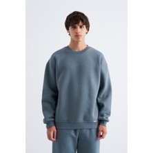 Machinist Erkek Basic Bisiklet Yaka Oversize Sweatshirt Mavi Duman