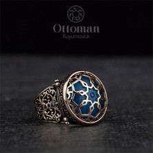 Design Ottoman Kuyumculuk Nun Kafesli Lacivert Taşlı Gümüş Erkek Yüzük