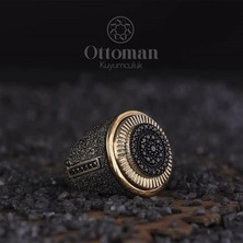 Design Ottoman Kuyumculuk Dokulu Yuvarlak Siyah Taşlı Gümüş Erkek Yüzük