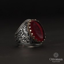 Design Ottoman Kuyumculuk Kırmızı Ateş Kehribar Taşlı Gümüş Erkek Yüzük