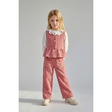Magu Kız Çocuk Pamuklu Gül Kurusu Kalp Detaylı Bayramlık Takım - 3'lü Bluz Yelek Pantolon