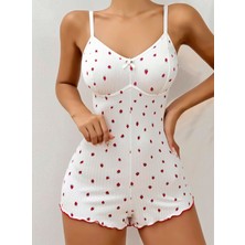 Budi Kadın Beyaz Çilek Baskılı Pijama Tulumu