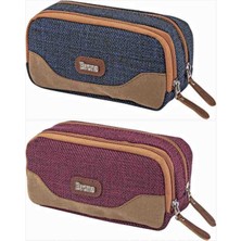 Brons Hasır Nubuk Çift Gözlü Kalem Çantası Kalemlik BR-3139