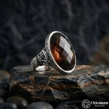 Design Ottoman Kuyumculuk Faset Kesim Kahverengi Taşlı 925 Ayar Gümüş Erkek Yüzük