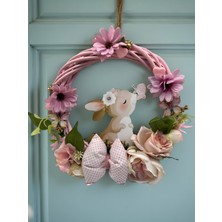 Florivya Design Pembe Çiçek Detaylı Tavşan Figürlü El Yapımı Hediyelik Kapı & Duvar Süsü