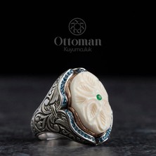 Design Ottoman Kuyumculuk El Işi Fil Dişi Detaylı Gümüş Erkek Yüzük