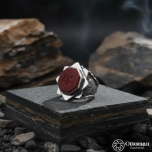 Design Ottoman Kuyumculuk Akik Taşlı Çift Başlı Kartal Gümüş Erkek Yüzük