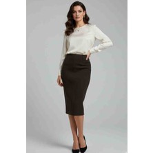 Maxlevel Moda Kahve Rengi Yün Dokulu Orta Boy Kadın Etek