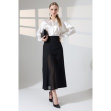 Lubiti Kadın Uzun Kumaş Etek Tül Yırtmaç Detaylı