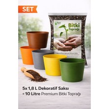 Plant Home Power Mix 5’li 1,8 L Dekoratif Kırılmaz Saksı Seti + 10 L Premium Bitki Toprağı (Cocopeat & Perlitli)