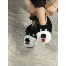 maxxi Köpek Figürlü Peluş Panduf Siyah Kauçuk Tabanlı Yumuşak Rahat Ev Pandufu