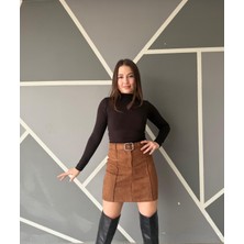 A.T. Kids-Women Kadın Kahverengi Süet Görünümlü Kemerli Filetolu Detaylı Kaşe Mini Etek