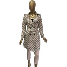 İtalyan Kadın Bej Desenli Trençkot / Ince Kaban