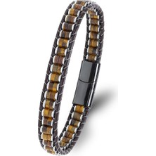 Efulim Doğaltaş Kaplan Gözü & Hematit Doğal Taşlı Çelik Örgü Deri Bileklik, Sevgiliye Hediye